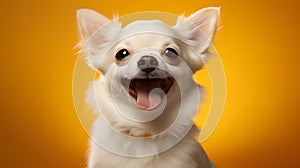 Smiling White Chihuahua: Studio Portrait with Yellow Backdrop