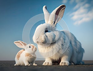 A smiling white rabbit mother playing with her baby in an affectionate moment, blurred green grass and blue sky, generative AI