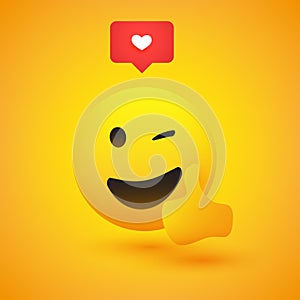 Smiling and Winking Emoji Showing Thumbs Up - Simple Happy Emoticon with Speech Bubble on Yellow Background