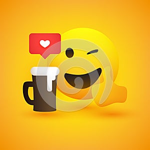 Smiling and Winking Emoji Showing Thumbs Up - Simple Shiny Happy Emoticon with Beer Mug and Speech Bubble on Yellow Background