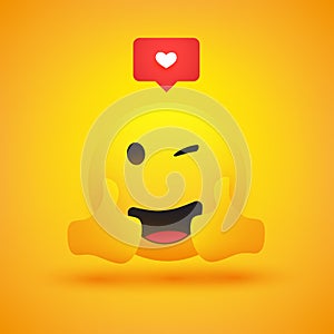 Smiling and Winking Emoji Showing Thumbs Up - Simple Shiny Happy Emoticon with Speech Bubble on Yellow Background - Vector Design