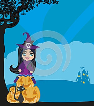 Smiling witch sits on a pumpkin