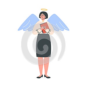 Smiling woman with angel wings and nimbus flat style, vector illustration