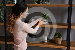 Smiling woman arrange plants on shelf make home feel cozy