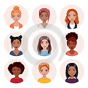 Smiling woman avatar set. Different nationality women characters collection. Isolated vector illustration with round