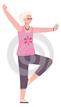 Smiling woman balancing in yoga pose. Fitness exercise