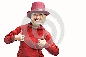 Smiling woman. Beautifu youngl woman wearing red hat and in a red sweatshirt