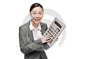 Smiling Woman with Big Calculator