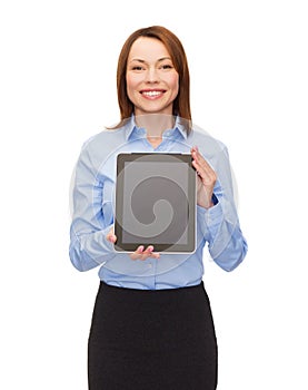 Smiling woman with blank tablet pc computer screen