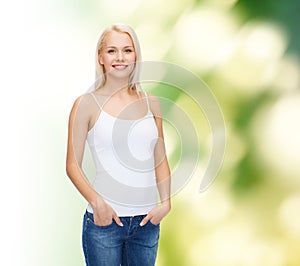 Smiling woman in blank white t-shirt