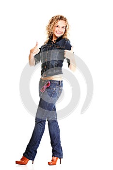 Smiling woman blonde standing full body in jeans tumb up
