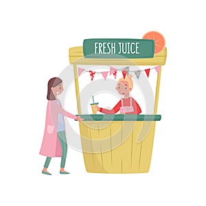 Smiling woman buying fresh juice in street stall. Cheerful girl vendor standing behind wooden stand. Flat vector design