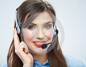 Smiling woman call center operator touching headsed. Close up b