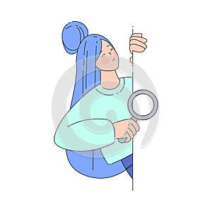 Smiling Woman Character Looking Out of Corner with Magnifying Glass Vector Illustration