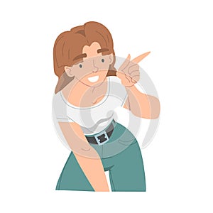 Smiling Woman Character Pointing with Index Finger as Hand Gesture Vector Illustration