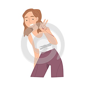 Smiling Woman Character Showing V Sign as Victory Hand Gesture Vector Illustration