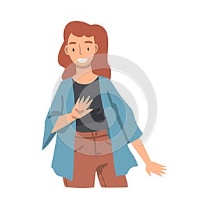 Smiling Woman Character Waving Hand as Greeting and Salute Gesture Vector Illustration