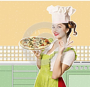 Smiling woman chef holding pizza in the Kitchen collage