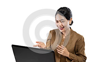 Smiling woman in civil servant uniform using laptop to work