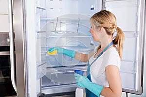 Smiling Woman Cleaning Refrigerator