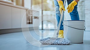 smiling woman cleaning service worker in yellow gloves, holds mop photo