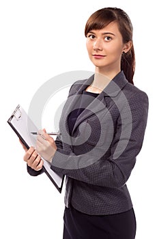 Smiling woman with clipboard isolated