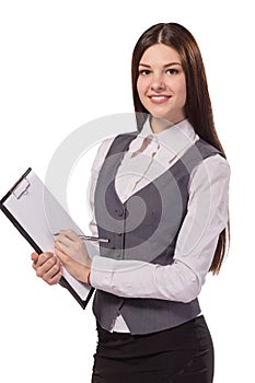 Smiling woman with clipboard isolated