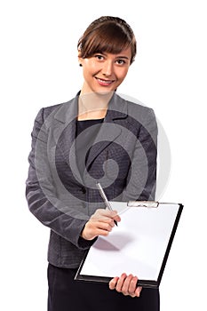 Smiling woman with clipboard offer to sign contract