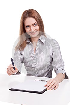 Smiling woman with clipboard offer to sign job contract