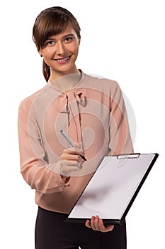 Smiling woman with clipboard offer to sign profitable contract