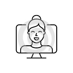 Smiling woman on computer monitor. Video call, virtual face to face communication. Pixel perfect, editable stroke icon