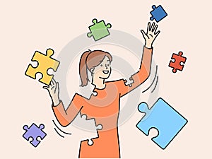 Smiling woman connect puzzles rebuild personality