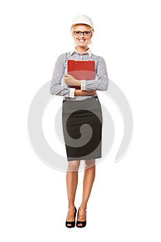 Smiling woman construction worker with hard hat on