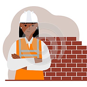 Smiling woman construction worker in a white helmet and an orange vest. Engineer. Vector