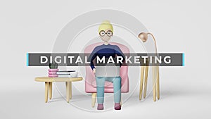 Smiling woman digital marketing manager 3d rendering analyzes the data develops budget works on laptop remotely online.