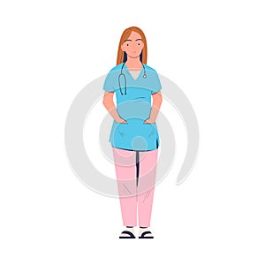 Smiling Woman Doctor or Physician Character in Uniform Standing with Stethoscope Holding Her Hands in Pocket Vector