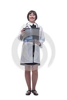 smiling woman doctor with an x-ray. isolated on a white background.