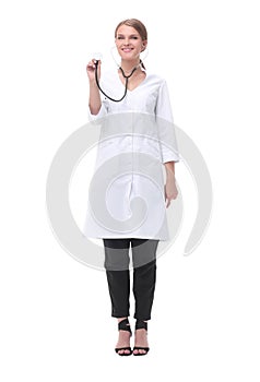 Smiling woman doctor showing her stethoscope. isolated on white