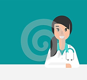 Smiling woman doctor with stethoscope and table. Medical internet consultation. Healthcare consulting web service