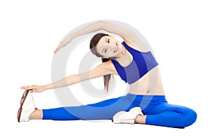 Smiling woman doing core workout, warm up body