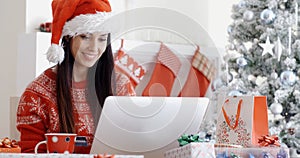 Smiling woman doing online Christmas shopping