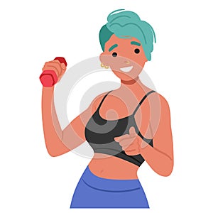 Smiling Woman With Dumbbell In Hand Point Forward, Motivating Viewer To Workout. Happy Sportswoman Character Exercise