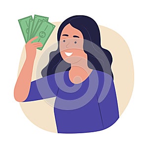 Smiling Woman Earning Cash Money Bonus for Financial Concept Illustration