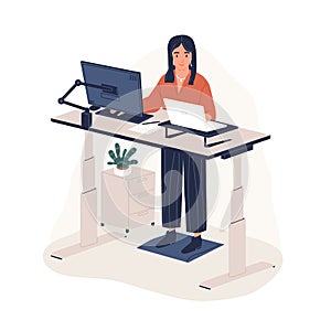 Smiling woman employee working at ergonomic workstation vector flat illustration. Contemporary office furnituring with