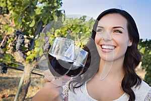 Smiling Woman Enjoying Glass of Wine in Vineyard With Friends