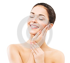 Smiling Woman, Face and Hands Skin Care, Natural Beauty Makeup, Happy Girl Laughing and Relax, on White