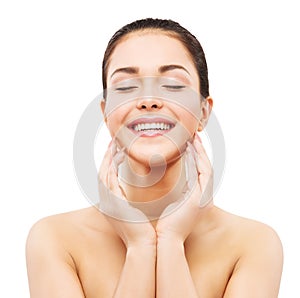 Smiling Woman Face Skin Care, Natural Beauty Makeup, Happy Laughing Girl Touching Face by Hands, on White