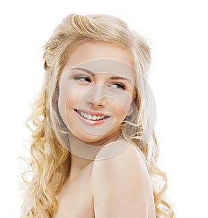 Smiling Woman Face on White, Girl Teeth Smile Portrait