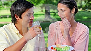 Smiling woman feeding her boyfriend during a picnic