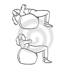 Smiling woman flexing abdominal muscles with exercise ball illustration vector hand drawn isolated on white background line art